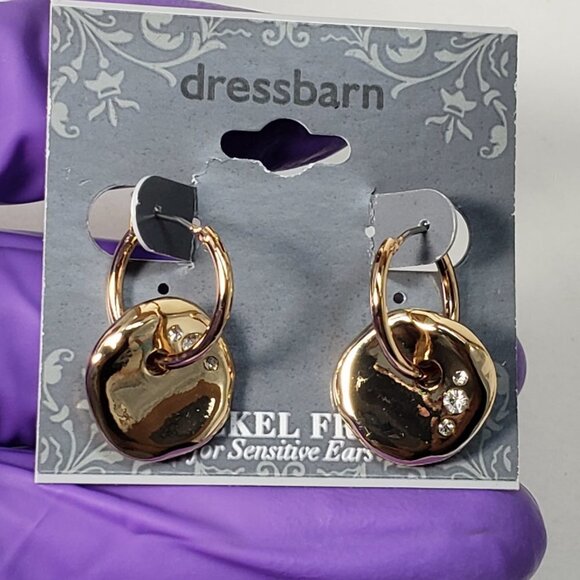 2/$30 Gold tone Interconnected Hoop Sparkle Crystal Disc Stylish Drop Earrings - Picture 4 of 8